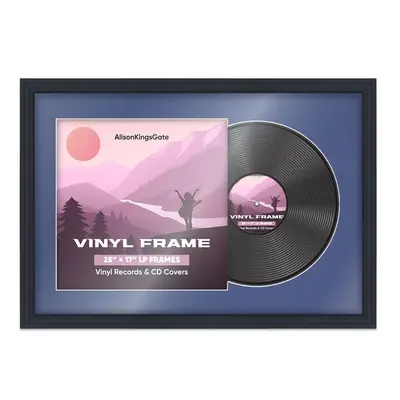 25X17" Black Step Vinyl Record Frame With Blue Mount For 12" LP Cover & Disc - Vinyl Overlapped Design