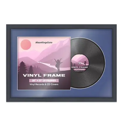 25X17" Dark Grey Step Vinyl Record Frame With Blue Mount For 12" LP Cover & Disc - Vinyl Overlapped Design