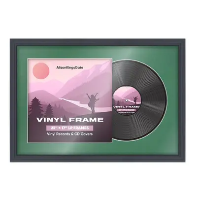 25X17" Dark Grey Step Vinyl Record Frame With Emerald (Green) Mount For 12" LP Cover & Disc (Overlapped)