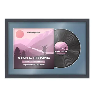 25X17" Dark Grey Step Vinyl Record Frame With Pompador Mount For 12" LP Cover & Disc - Vinyl Overlapped Design