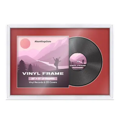 25X17" White Step Vinyl Record Frame With Crimson Mount For 12" LP Cover & Disc - Vinyl Overlapped Design