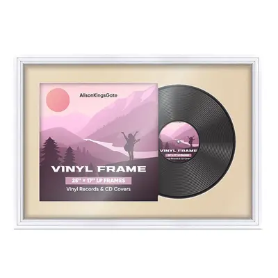 25X17" White Step Vinyl Record Frame With Ivory Mount For 12" LP Cover & Disc - Vinyl Overlapped Design