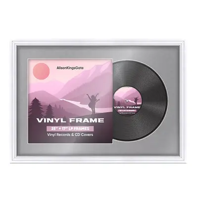 25X17" White Step Vinyl Record Frame With Mid Grey Mount For 12" LP Cover & Disc (Overlapped)