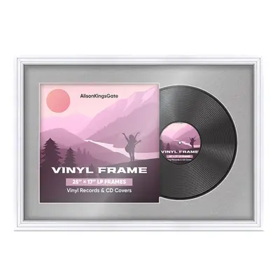 25X17" White Step Vinyl Record Frame With Silver Mount For Overlapped 12" LP Cover & Disc