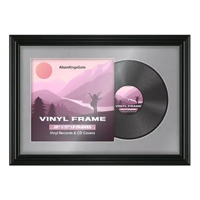 25X17" Black Swept Vinyl Record Frame With Mid Grey Mount For Overlapped 12" LP Cover & Disc - Elegant Display Design