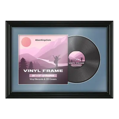 25X17" Black Swept Vinyl Record Frame With Pompador Mount For 12" LP Cover & Disc - Vinyl Overlapped Design