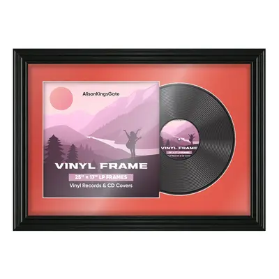 25X17" Black Swept Vinyl Record Frame With Poppy Red Mount For Overlapped 12" LP Cover & Disc