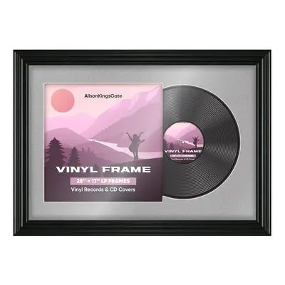 25X17" Black Swept Vinyl Record Frame With Silver Mount For Overlapped 12" LP Cover & Disc - Elegant Display Design