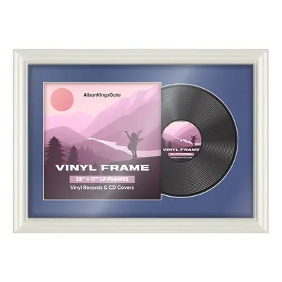 25X17" White Swept Vinyl Record Frame With Blue Mount For 12" LP Cover & Disc - Vinyl Overlapped Design