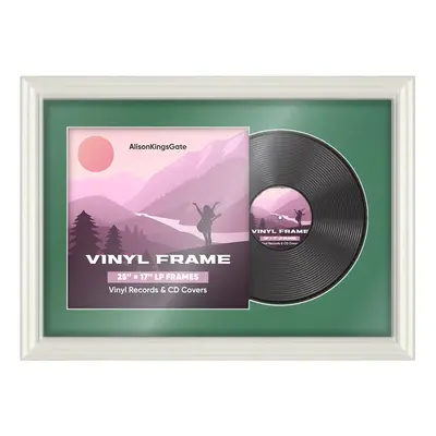 25X17" White Swept Vinyl Record Frame With Emerald (Green) Mount For 12" LP Cover & Disc (Overlapped)
