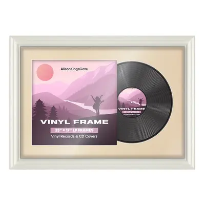 25X17" White Swept Vinyl Record Frame With Ivory Mount For 12" LP Cover & Disc (Overlapped)