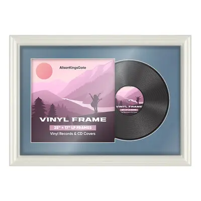 25X17" White Swept Vinyl Record Frame With Pompador Mount For Overlapped 12" LP Cover & Disc - Elegant Display Design