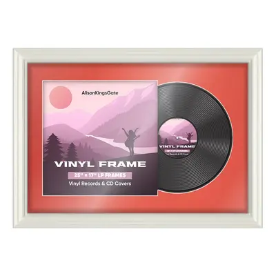 25X17" White Swept Vinyl Record Frame With Poppy Red Mount For 12" LP Cover & Disc (Overlapped)