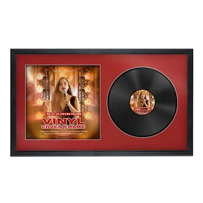 30X17" Black Classic Vinyl Record Frame With Crimson Mount For Side-by-Side 12" LP Cover & Disc - Elegant Wall Display