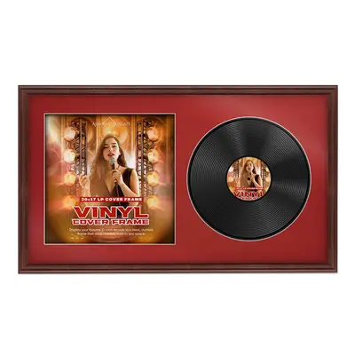 30X17" Rose Wood Classic Vinyl Record Frame With Crimson Mount For Side-by-Side 12" LP Cover & Disc