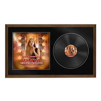 30X17" Walnut Classic Vinyl Record Frame With Black Mount For Side-by-Side 12" LP Cover & Disc - Elegant Wall Display