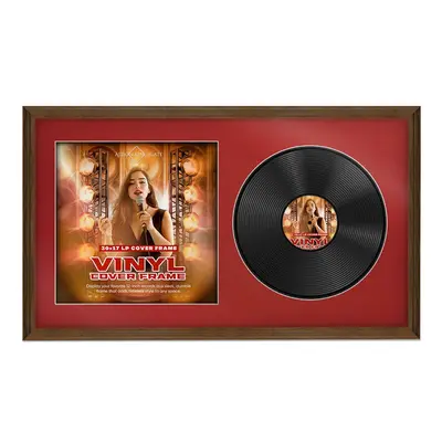 30X17" Walnut Classic Vinyl Record Frame With Crimson Mount For Side-by-Side 12" LP Cover & Disc - Elegant Wall Display