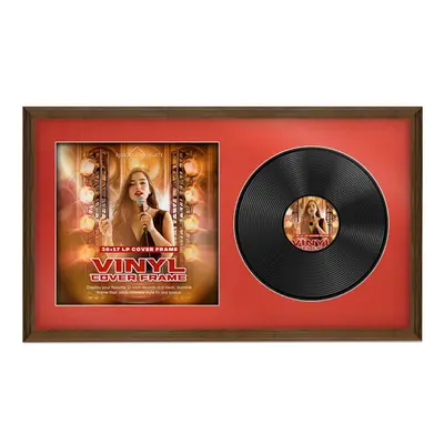 30X17" Walnut Classic Vinyl Record Frame For Side-by-Side 12" LP Cover & Disc With Poppy Red Mount - For Music Lovers