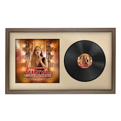 30X17" Walnut Modern Sleek Vinyl Record Frame With Ivory Mount For Side-by-Side 12" LP Cover & Disc - Elegant Wall Display