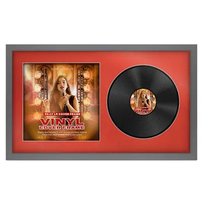 30X17" Dark Grey Modern Vinyl Record Frame For Side-by-Side 12" LP Cover & Disc With Poppy Red Mount - For Music Lovers