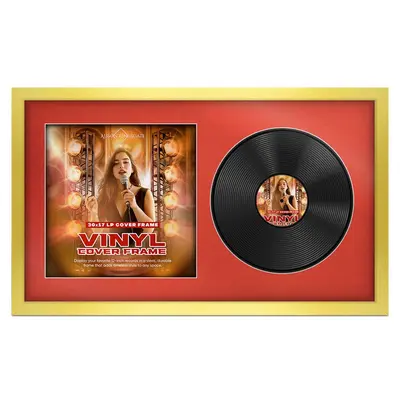 30X17" Gold Modern Vinyl Record Frame With Poppy Red Mount For Side-by-Side 12" LP Cover & Disc