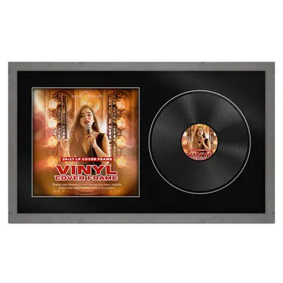 30X17" Grey Marble Modern Vinyl Record Frame With Black Mount For Side-by-Side 12" LP Cover & Disc - Elegant Wall Display