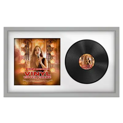 30X17" Light Grey Modern Vinyl Record Frame For Side-by-Side 12" LP Cover & Disc With Ice White Mount - For Music Lovers