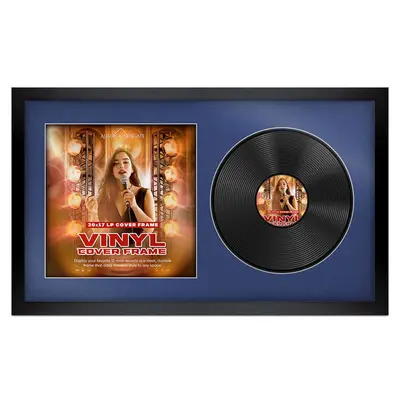 30X17" Mat Black Modern Vinyl Record Frame For Side-by-Side 12" LP Cover & Disc With Blue Mount - For Music Lovers