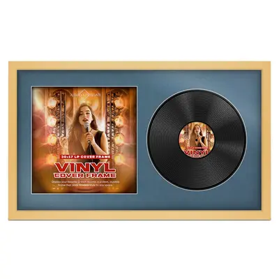 30X17" Mustard Yellow Modern Vinyl Record Frame With Pompador Mount For Side-by-Side 12" LP Cover & Disc - Elegant Wall Display