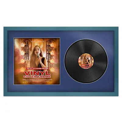 30X17" Navy Blue Modern Vinyl Record Frame With Blue Mount For Side-by-Side 12" LP Cover & Disc