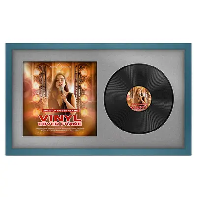 30X17" Navy Blue Modern Vinyl Record Frame For Side-by-Side 12" LP Cover & Disc With Silver Mount - For Music Lovers