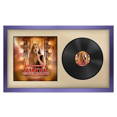30X17" Purple Modern Vinyl Record Frame For Side-by-Side 12" LP Cover & Disc With Ivory Mount - For Music Lovers
