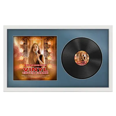 30X17" White Modern Vinyl Record Frame With Pompador Mount For Side-by-Side 12" LP Cover & Disc