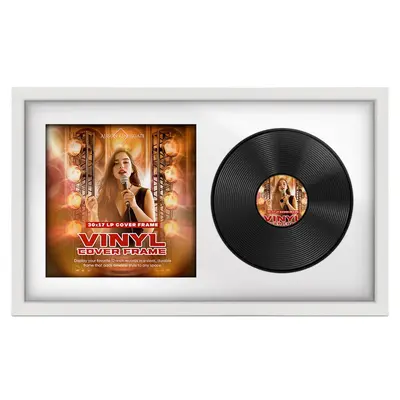 30X17" White Modern Vinyl Record Frame With Ice White Mount For Side-by-Side 12" LP Cover & Disc