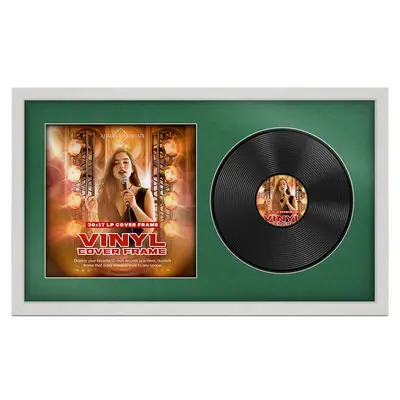 30X17" Ash White Modern Vinyl Record Frame With Emerald (Green) Mount For Side-by-Side 12" LP Cover & Disc - Elegant Wall Display