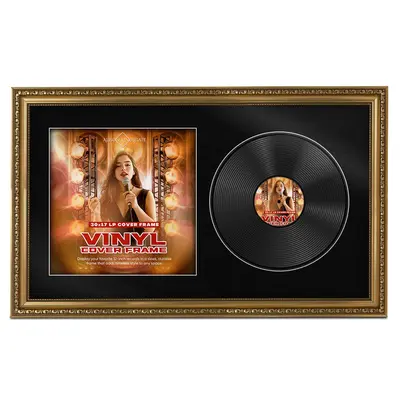 30x17" Ornate Gold Vintage Vinyl Record Frame With Black Mount For Side-by-Side 12" LP Cover & Disc - Premium Wall Décor