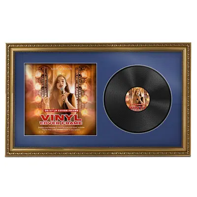 30x17" Ornate Gold Vintage Vinyl Record Frame With Blue Mount For Side-by-Side 12" LP Cover & Disc - Premium Wall Décor