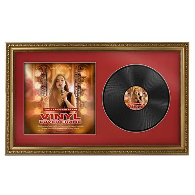 30x17" Ornate Gold Vintage Vinyl Record Frame With Crimson Mount For Side-by-Side 12" LP Cover & Disc - Premium Wall Décor