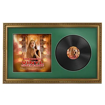 30x17" Ornate Gold Vintage Vinyl Record Frame With Emerald Green Mount For Side-by-Side 12" LP Cover & Disc - Premium Wall Décor