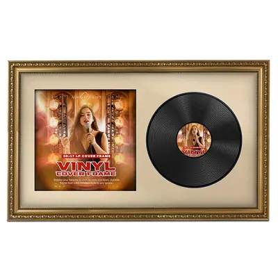 30x17" Ornate Gold Vintage Vinyl Record Frame With Ivory Mount For Side-by-Side 12" LP Cover & Disc - Premium Wall Décor