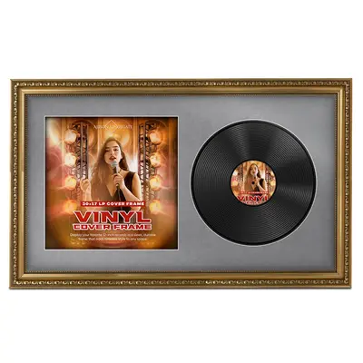 30x17" Ornate Gold Vintage Vinyl Record Frame With Mid Grey Mount For Side-by-Side 12" LP Cover & Disc - Premium Wall Décor