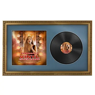 30x17" Ornate Gold Vintage Vinyl Record Frame With Pompadour Mount For Side-by-Side 12" LP Cover & Disc - Premium Wall Décor