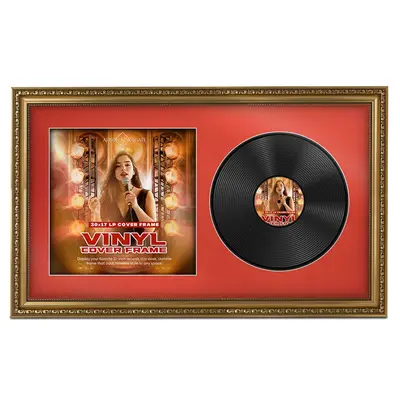 30x17" Ornate Gold Vintage Vinyl Record Frame With Poppy Red Mount For Side-by-Side 12" LP Cover & Disc - Premium Wall Décor