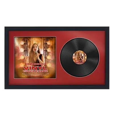 30X17" Black Step Vinyl Record Frame With Crimson Mount For Side-by-Side 12" LP Cover & Disc - Elegant Wall Display