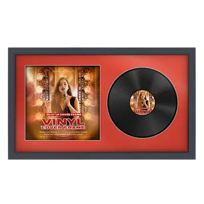 30X17" Dark Grey Step Vinyl Record Frame For Side-by-Side 12" LP Cover & Disc With Poppy Red Mount - For Music Lovers