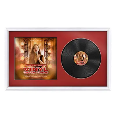 30X17" White Step Vinyl Record Frame For Side-by-Side 12" LP Cover & Disc With Crimson Mount - For Music Lovers
