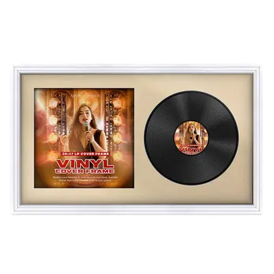 30X17" White Step Vinyl Record Frame With Ivory Mount For Side-by-Side 12" LP Cover & Disc