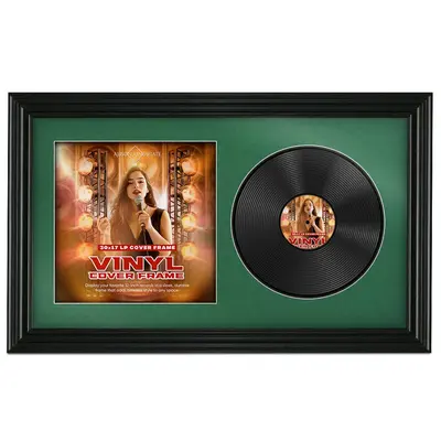 30X17" Black Swept Vinyl Record Frame With Emerald (Green) Mount For Side-by-Side 12" LP Cover & Disc - Elegant Wall Display