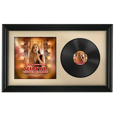 30X17" Black Swept Vinyl Record Frame With Ivory Mount For Side-by-Side 12" LP Cover & Disc