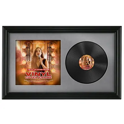 30X17" Black Swept Vinyl Record Frame For Side-by-Side 12" LP Cover & Disc With Mid Grey Mount - For Music Lovers